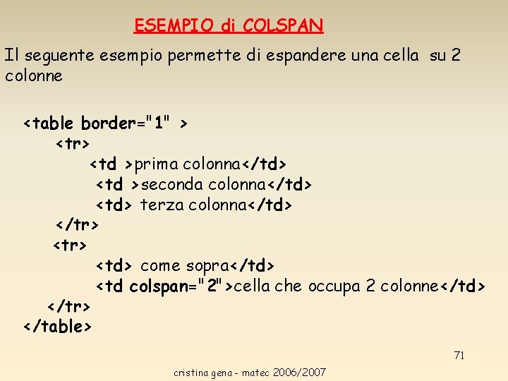 ESEMPIO di COLSPAN Il seguente esempio permette di espandere una cella su 2 colonne ESEMPIO di COLSPAN Il seguente esempio permette di espandere una cella su 2 colonne