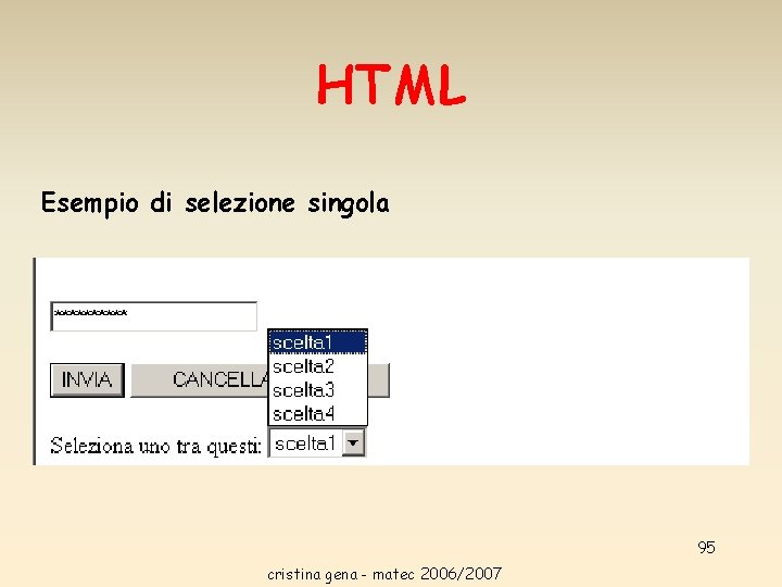 HTML Esempio di selezione singola 95 cristina gena - matec 2006/2007 HTML Esempio di selezione singola 95 cristina gena - matec 2006/2007