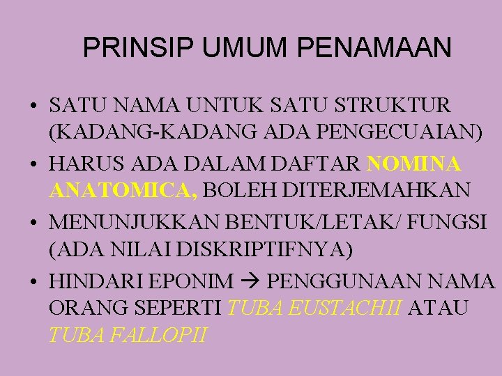 PRINSIP UMUM PENAMAAN • SATU NAMA UNTUK SATU STRUKTUR (KADANG-KADANG ADA PENGECUAIAN) • HARUS PRINSIP UMUM PENAMAAN • SATU NAMA UNTUK SATU STRUKTUR (KADANG-KADANG ADA PENGECUAIAN) • HARUS