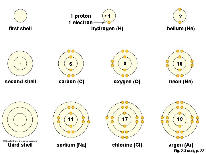 first shell 1 1 proton 1 electron hydrogen (H) 6 second shell carbon (C)