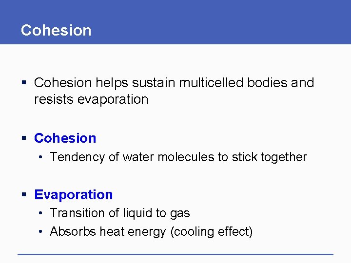 Cohesion § Cohesion helps sustain multicelled bodies and resists evaporation § Cohesion • Tendency