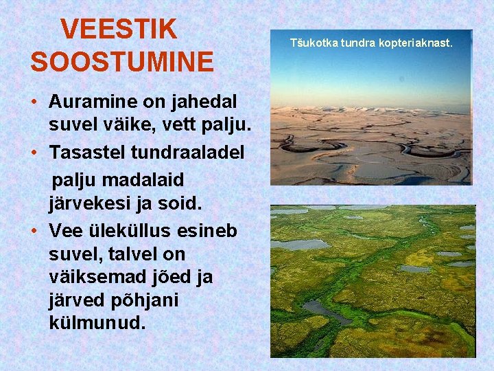 VEESTIK SOOSTUMINE • Auramine on jahedal suvel väike, vett palju. • Tasastel tundraaladel VEESTIK SOOSTUMINE • Auramine on jahedal suvel väike, vett palju. • Tasastel tundraaladel