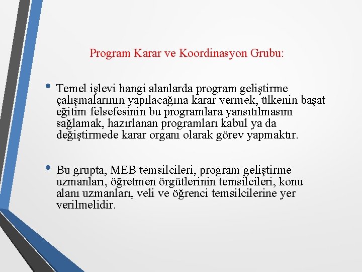 Program Karar ve Koordinasyon Grubu: • Temel işlevi hangi alanlarda program geliştirme çalışmalarının yapılacağına