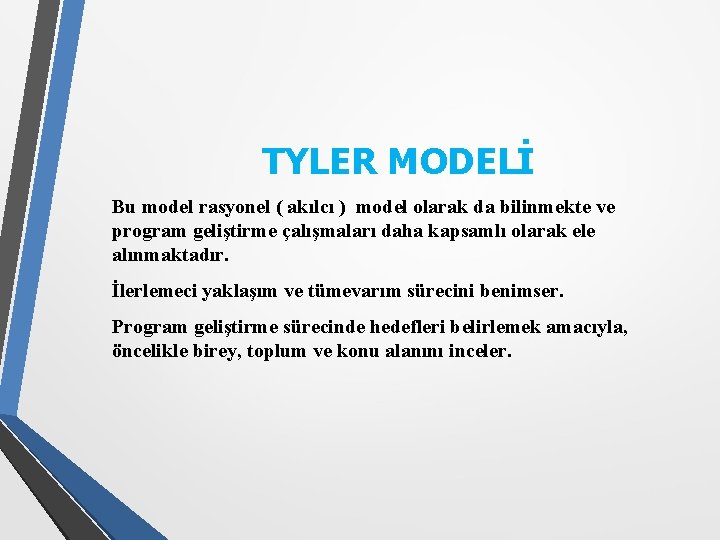 TYLER MODELİ Bu model rasyonel ( akılcı ) model olarak da bilinmekte ve program