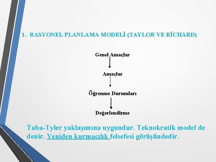 1. RASYONEL PLANLAMA MODELİ (TAYLOR VE RİCHARD) Genel Amaçlar Öğrenme Durumları Değerlendirme Taba-Tyler yaklaşımına