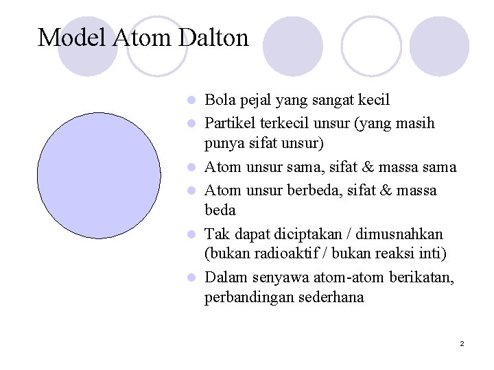 Model Atom Dalton l l l Bola pejal yang sangat kecil Partikel terkecil unsur