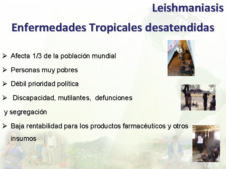 Leishmaniasis Enfermedades Tropicales desatendidas Ø Afecta 1/3 de la población mundial Ø Personas muy