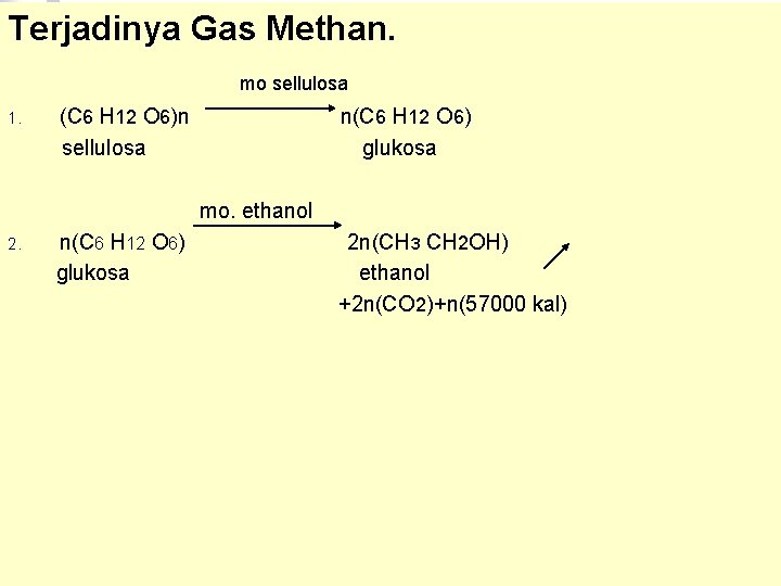 Terjadinya Gas Methan. mo sellulosa (C 6 H 12 O 6)n n(C 6 H