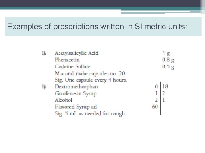 Examples of prescriptions written in SI metric units: 