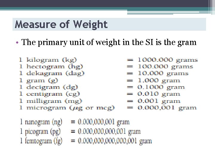 Measure of Weight • The primary unit of weight in the SI is the