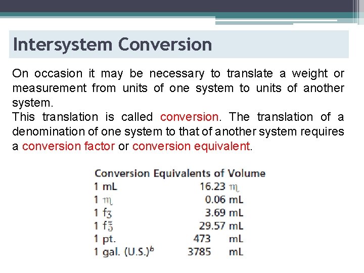 Intersystem Conversion On occasion it may be necessary to translate a weight or measurement