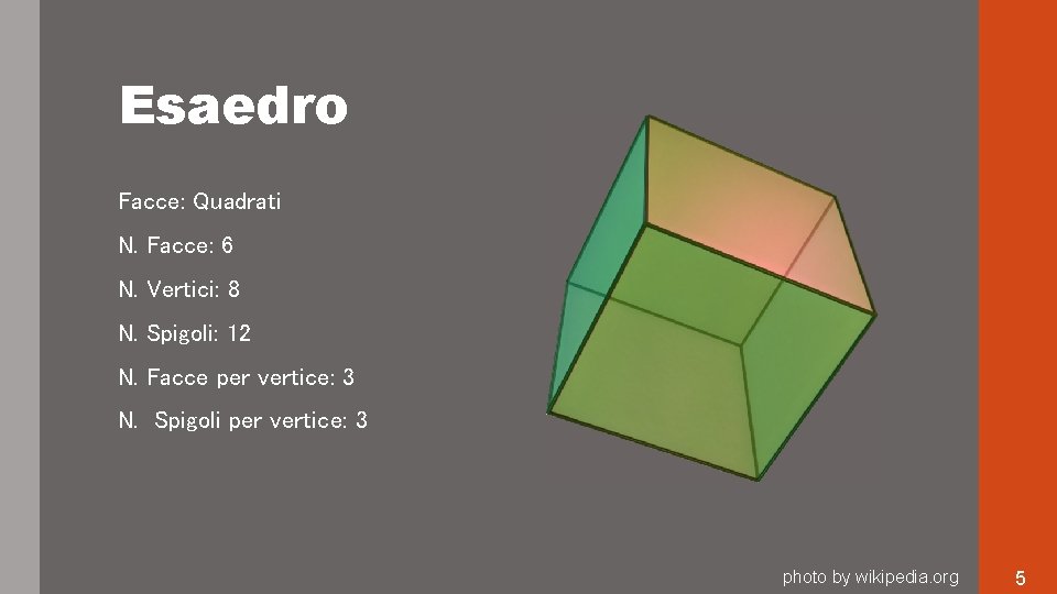 Esaedro Facce: Quadrati N. Facce: 6 N. Vertici: 8 N. Spigoli: 12 N. Facce Esaedro Facce: Quadrati N. Facce: 6 N. Vertici: 8 N. Spigoli: 12 N. Facce