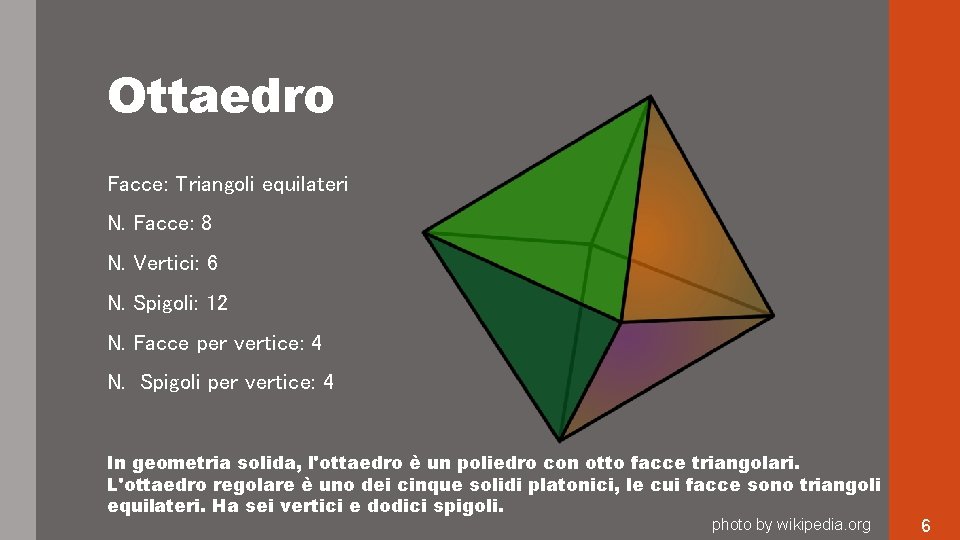 Ottaedro Facce: Triangoli equilateri N. Facce: 8 N. Vertici: 6 N. Spigoli: 12 N. Ottaedro Facce: Triangoli equilateri N. Facce: 8 N. Vertici: 6 N. Spigoli: 12 N.