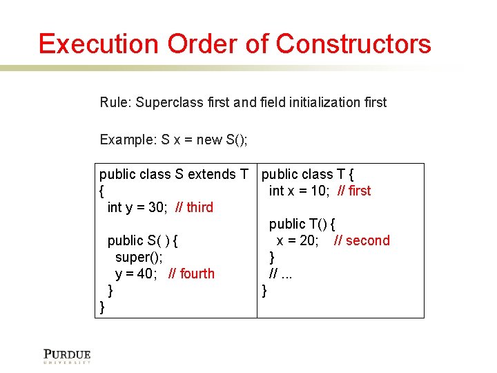 Execution Order of Constructors Rule: Superclass first and field initialization first Example: S x