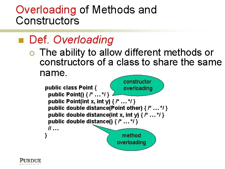 Overloading of Methods and Constructors Def. Overloading The ability to allow different methods or