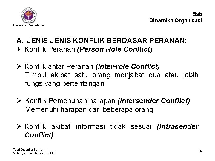 Bab Dinamika Organisasi Universitas Gunadarma A. JENIS-JENIS KONFLIK BERDASAR PERANAN: Ø Konflik Peranan (Person