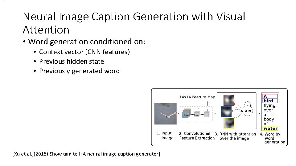 . Neural Image Caption Generation with Visual Attention • Word generation conditioned on: •