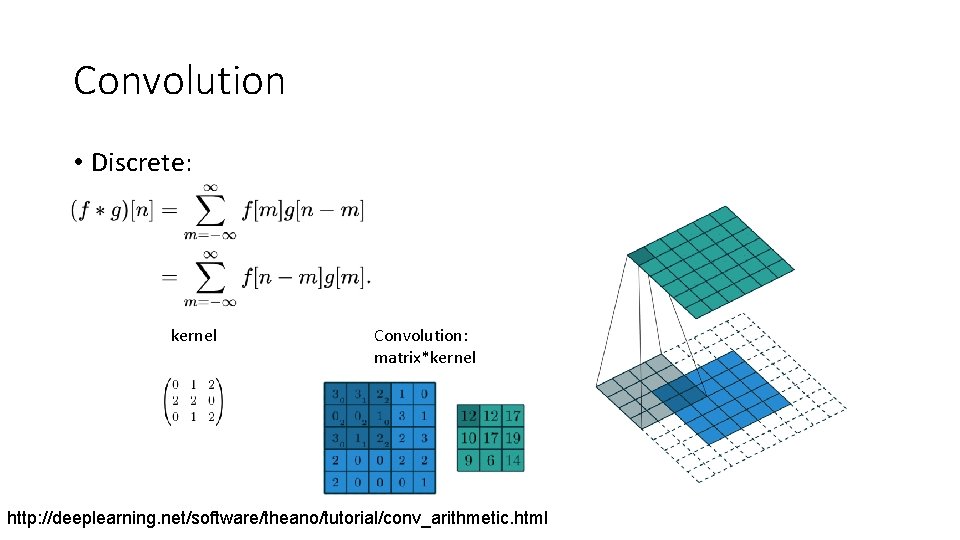 Convolution • Discrete: kernel Convolution: matrix*kernel http: //deeplearning. net/software/theano/tutorial/conv_arithmetic. html 