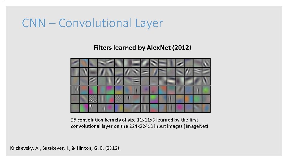 . CNN – Convolutional Layer Filters learned by Alex. Net (2012) 96 convolution kernels