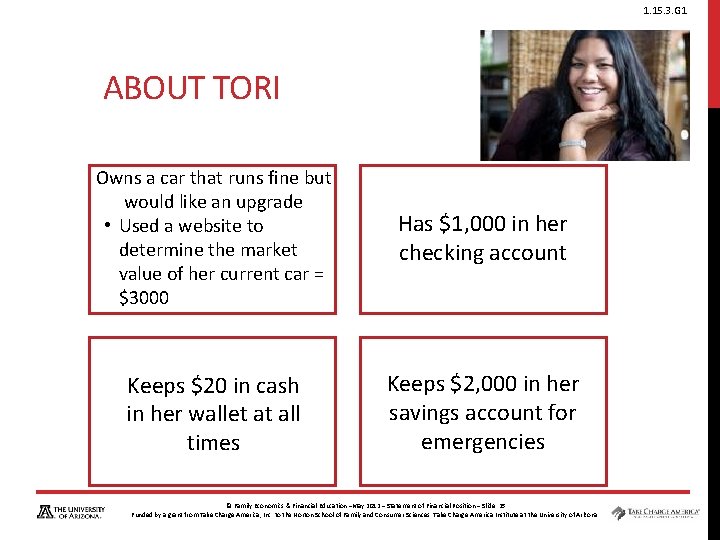 1. 15. 3. G 1 ABOUT TORI Owns a car that runs fine but 1. 15. 3. G 1 ABOUT TORI Owns a car that runs fine but