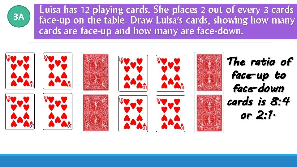 3 A Luisa has 12 playing cards. She places 2 out of every 3