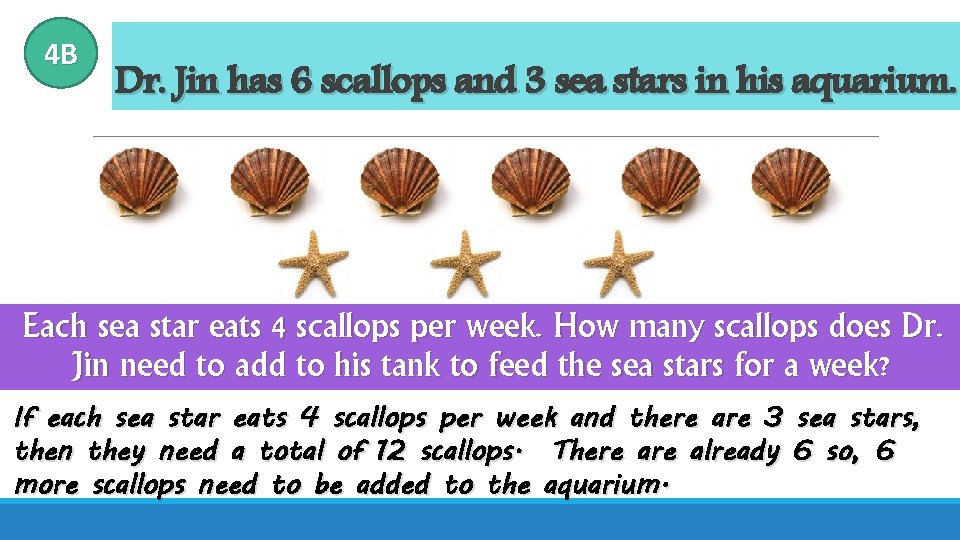 4 B Dr. Jin has 6 scallops and 3 sea stars in his aquarium.