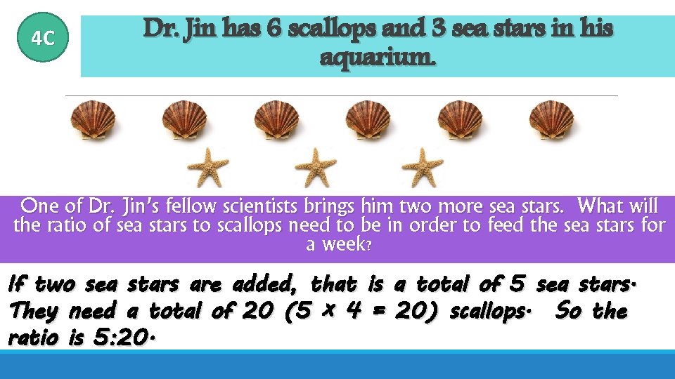 4 C Dr. Jin has 6 scallops and 3 sea stars in his aquarium.
