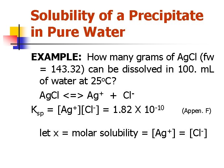 Solubility of a Precipitate in Pure Water EXAMPLE: How many grams of Ag. Cl