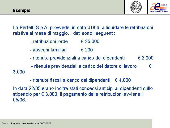 Esempio La Perfetti S. p. A. provvede, in data 01/06, a liquidare le retribuzioni