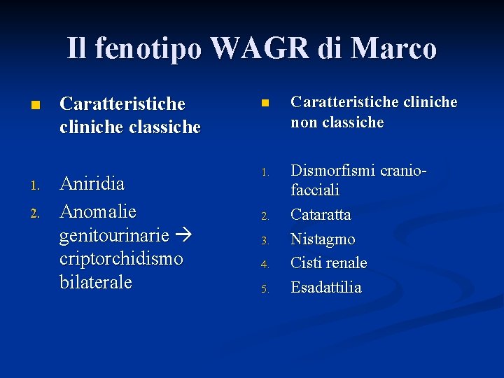 Il fenotipo WAGR di Marco n 1. 2. Caratteristiche cliniche classiche Aniridia Anomalie genitourinarie