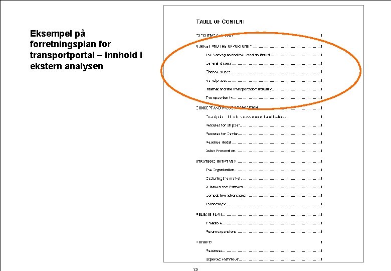 Eksempel på forretningsplan for transportal – innhold i ekstern analysen 020904_Pre 13 