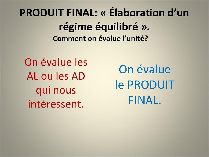 PRODUIT FINAL: « Élaboration d’un régime équilibré » . Comment on évalue l’unité? On