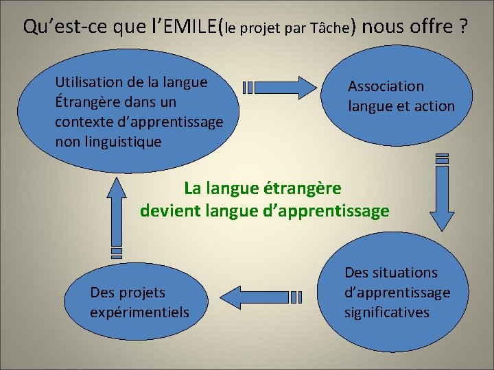 Qu’est-ce que l’EMILE(le projet par Tâche) nous offre ? Utilisation de la langue Étrangère