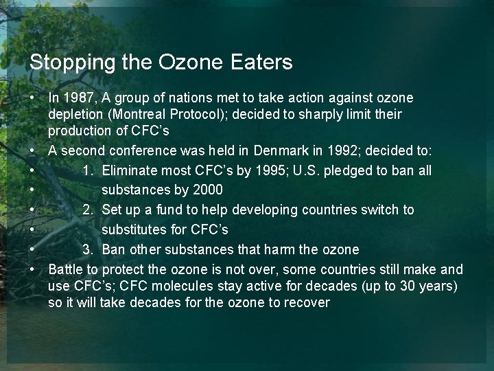 Stopping the Ozone Eaters • In 1987, A group of nations met to take