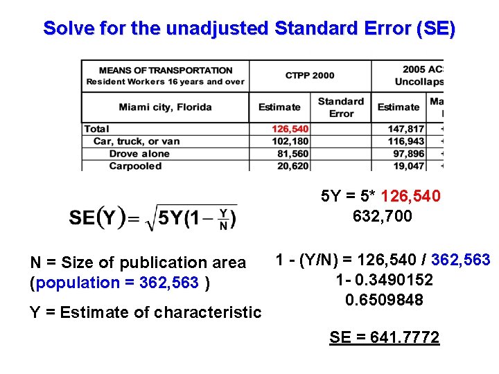 Solve for the unadjusted Standard Error (SE) 5 Y = 5* 126, 540 632,