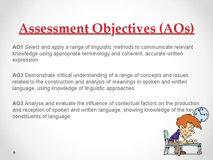 Assessment Objectives (AOs) AO 1 Select and apply a range of linguistic methods to