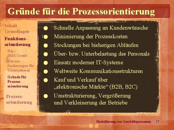 Gründe für die Prozessorientierung Inhalt Grundlagen Funktionsorientierung Bsp. : IBM-Credit Herausforderungen für Unternehmen Gründe