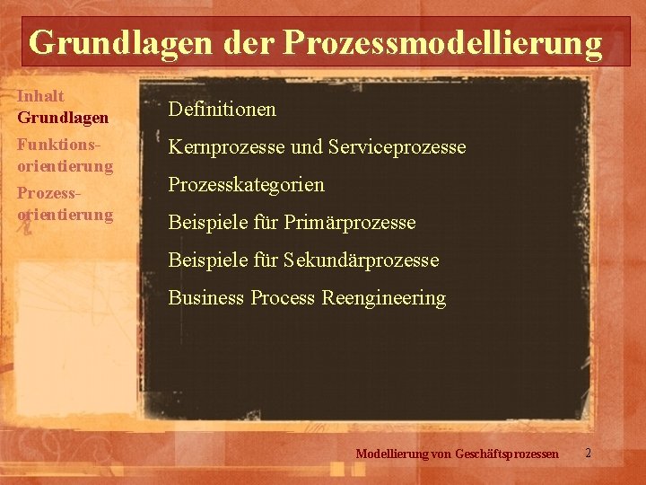 Grundlagen der Prozessmodellierung Inhalt Grundlagen Funktionsorientierung Prozessorientierung Definitionen Kernprozesse und Serviceprozesse Prozesskategorien Beispiele für