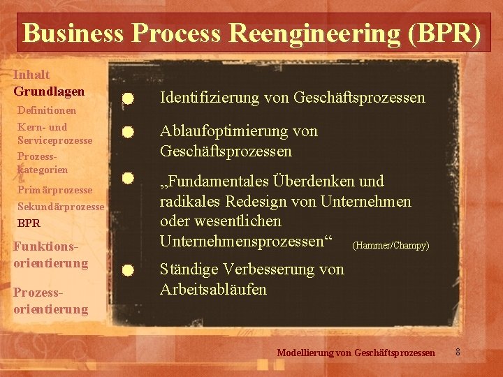 Business Process Reengineering (BPR) Inhalt Grundlagen Definitionen Kern- und Serviceprozesse Prozesskategorien Primärprozesse Sekundärprozesse BPR