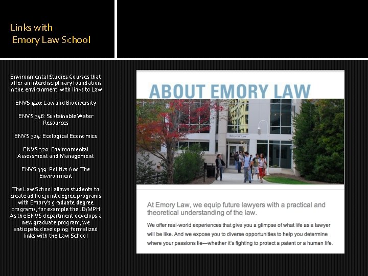 Links with Emory Law School Environmental Studies Courses that offer an interdisciplinary foundation in