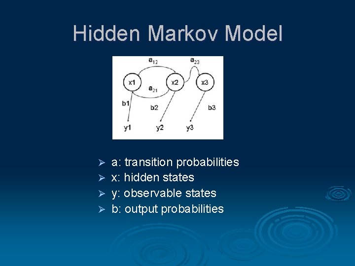 Hidden Markov Model Ø Ø a: transition probabilities x: hidden states y: observable states