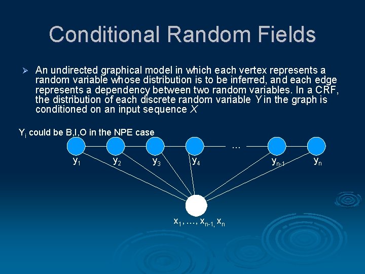 Conditional Random Fields Ø An undirected graphical model in which each vertex represents a