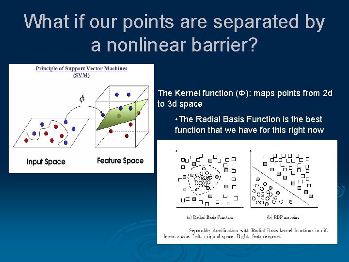 What if our points are separated by a nonlinear barrier? The Kernel function (Φ):