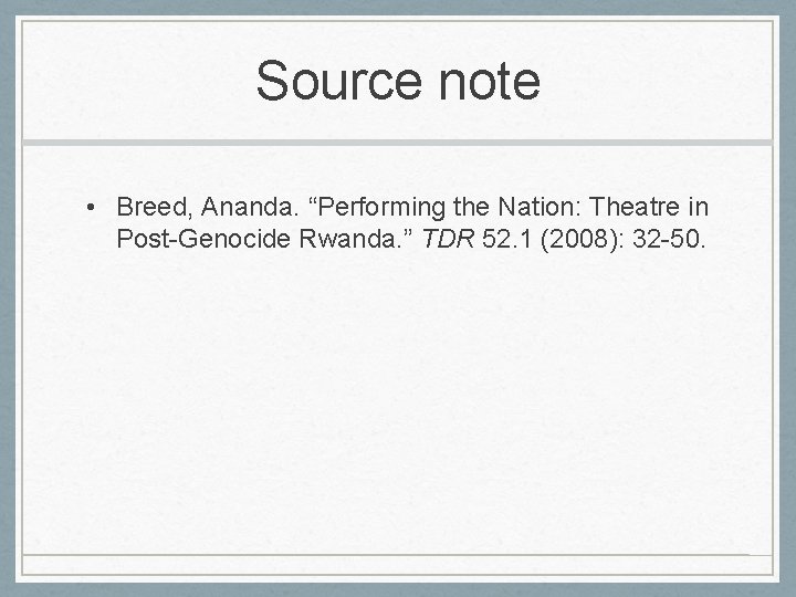 Source note • Breed, Ananda. “Performing the Nation: Theatre in Post-Genocide Rwanda. ” TDR Source note • Breed, Ananda. “Performing the Nation: Theatre in Post-Genocide Rwanda. ” TDR