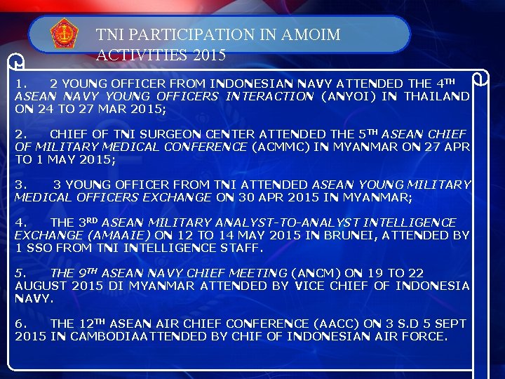 TNI PARTICIPATION IN AMOIM ACTIVITIES 2015 1. 2 YOUNG OFFICER FROM INDONESIAN NAVY ATTENDED