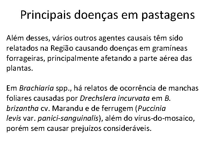 Principais doenças em pastagens Além desses, vários outros agentes causais têm sido relatados na