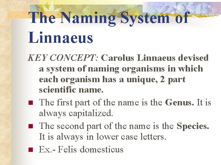 The Naming System of Linnaeus KEY CONCEPT: Carolus Linnaeus devised a system of naming