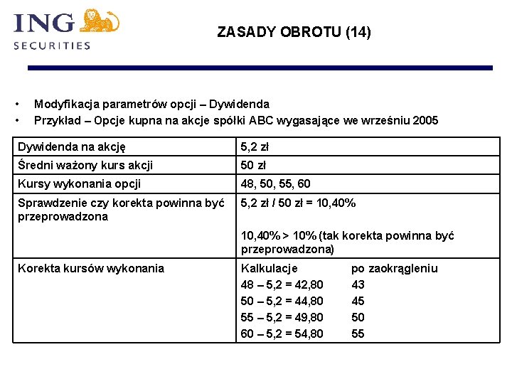 ZASADY OBROTU (14) • • Modyfikacja parametrów opcji – Dywidenda Przykład – Opcje kupna