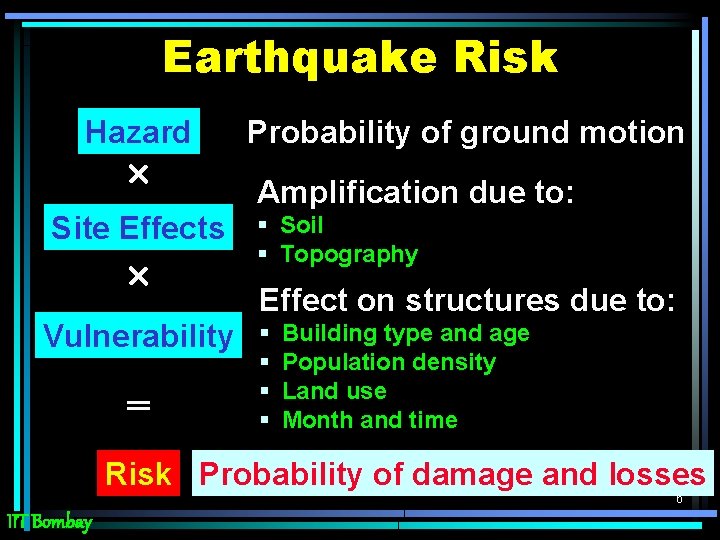 Earthquake Risk Hazard Probability of ground motion Amplification due to: Site Effects § Soil