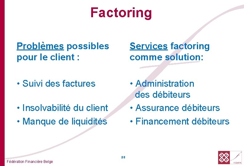 Factoring Problèmes possibles pour le client : Services factoring comme solution: • Suivi des